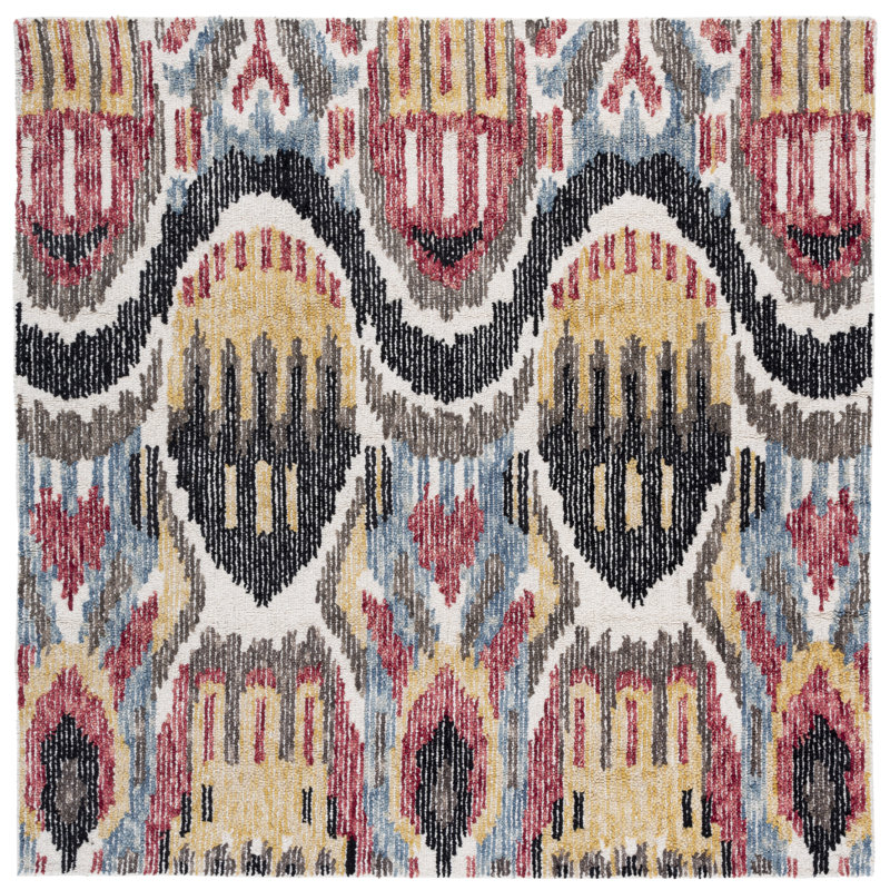 Ikat 152 Hand Tufted Wool/Cotton Ikat Rug in Black/Red, Square 6'