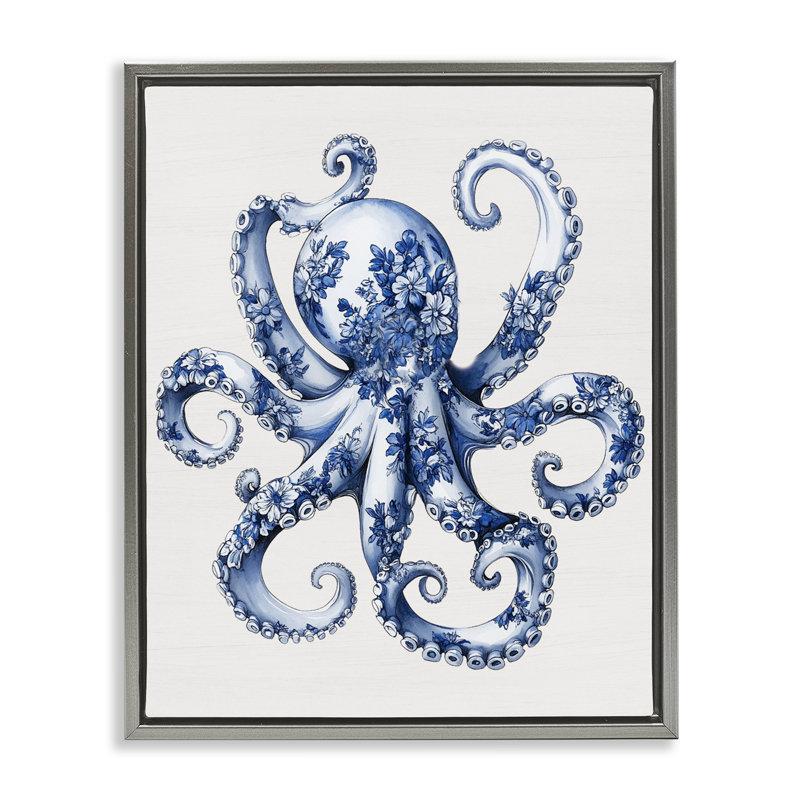 Cadre flottant Funky Toile, pieuvre, H 21 po x l 17 po, Cadre flottant gris lustré