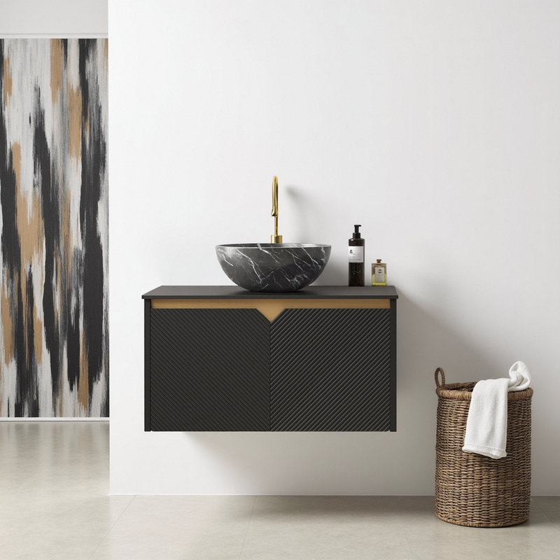 Meuble-lavabo 30 po, meuble de rangement mural en contreplaqué flottant, meuble-lavabo en verre cristal noir à rayures artistiques