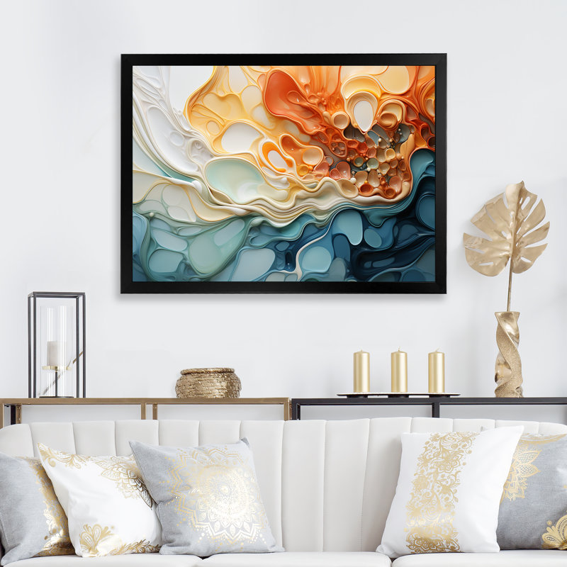 Encre bleue et orange, encre liquide, art mural abstrait à l'encre liquide, Cadre d'angle fermé noir