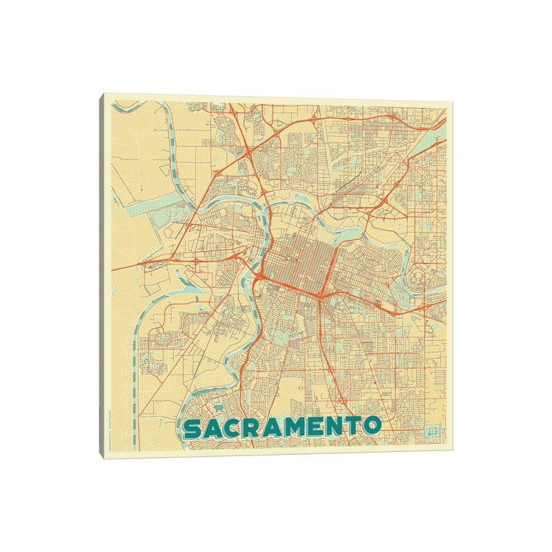 Sacramento Retro Urban Blueprint Map by Hubert Roguski - Wrapped Canvas Painting, 30.48 cm H x 30.48 cm W