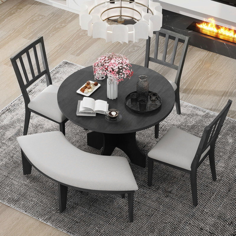 Ensemble de salle à manger 5 pièces avec 3 chaises rembourrées et banc incurvé Rustic Charm, Gris