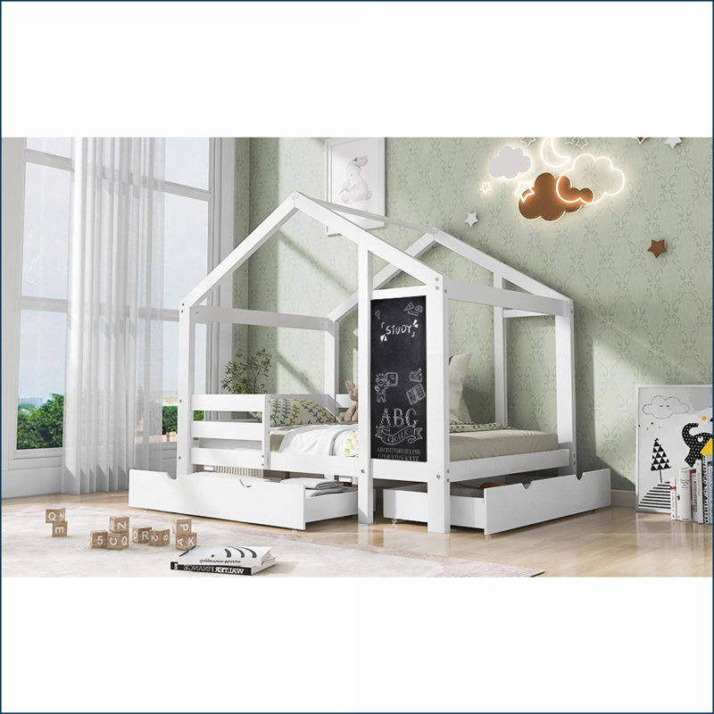 Lit plateforme simple en bois de pin avec tiroirs pour tableau noir 2 options d'assemblage sans sommier blanc
