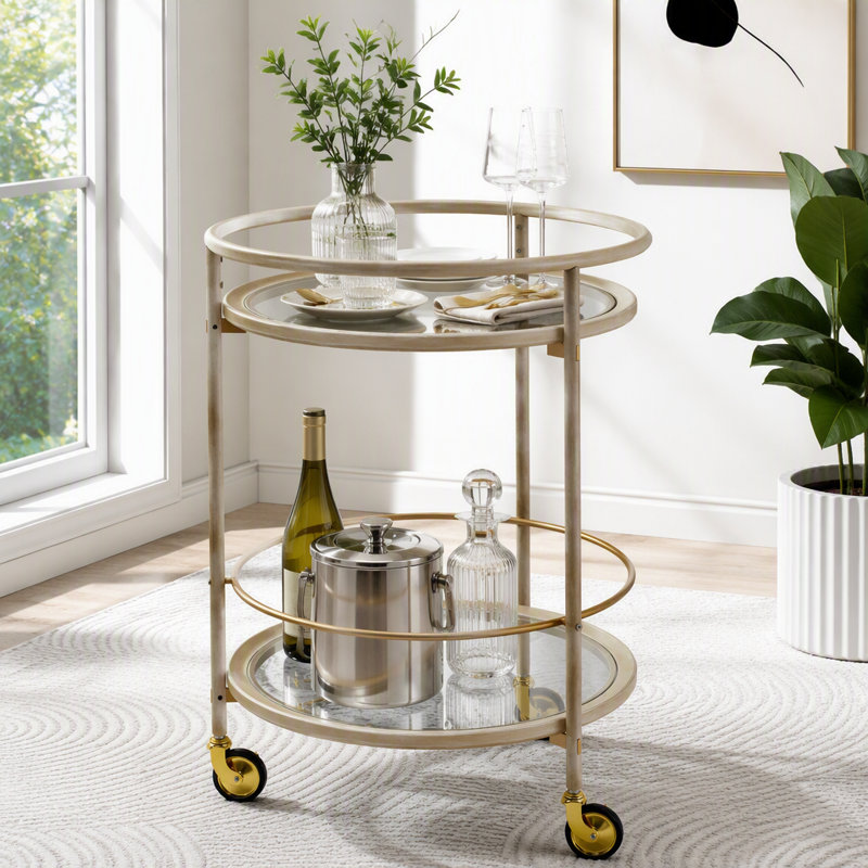 Chariot-bar rond avec tablettes en verre trempé et accents dorés, Ancient White