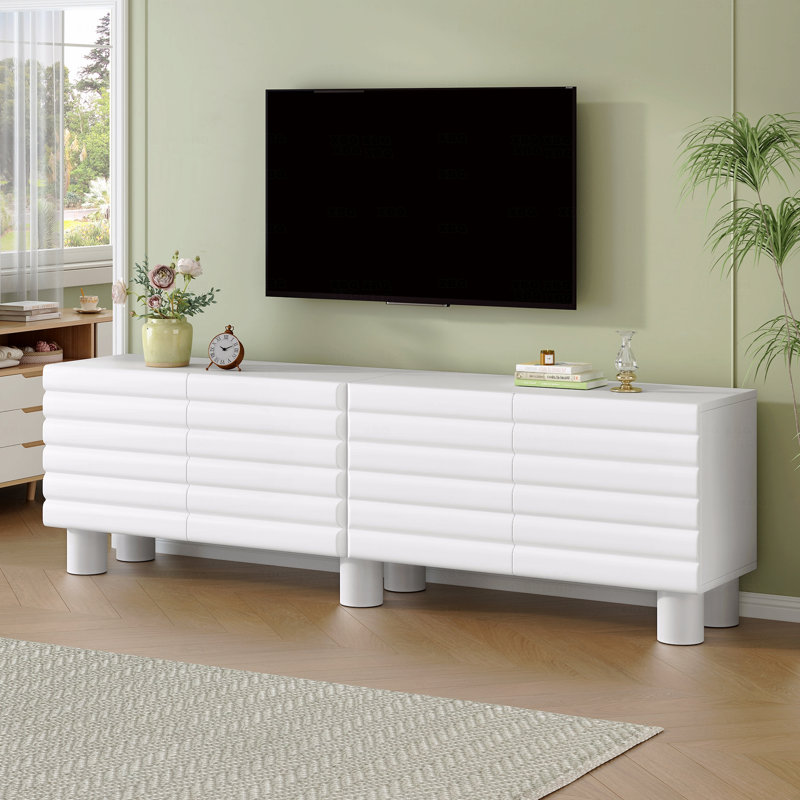 75" Tv Cabinet With Stylish Wavy Doors, 4 Storage Cabinets, Adjustable Shelves, And Cable Holes – White Media Console, White