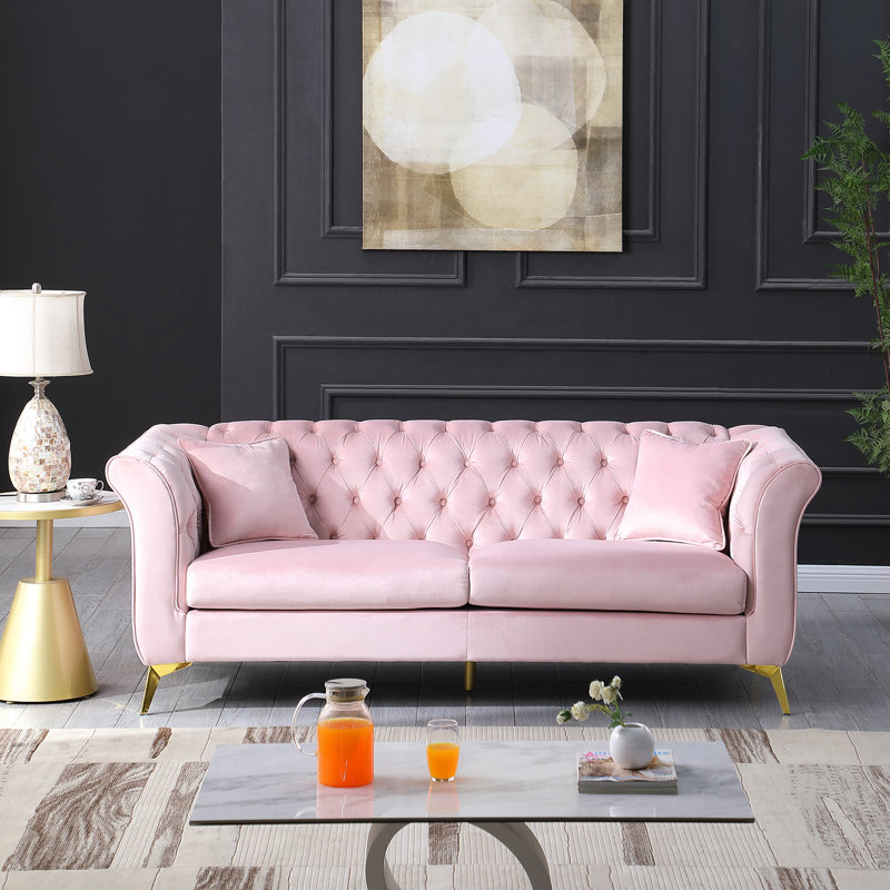 87" Oro Chesterfield Sofa with Flared Arms, Pink Velvet