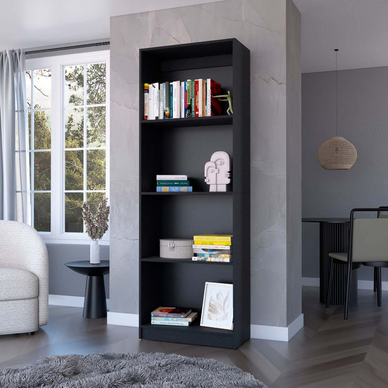 Sutton Slim Bookcase with Modern 5-Shelf Design, Black, (5 Shelves) 71.1"H x 24.7"W x 11.7"D