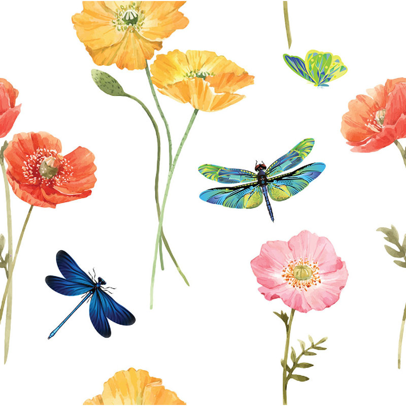 Poppies & Dragonflies Peel & Stick Wallpaper Roll 20.5 inch Wide x 18 ft. Long, Yellow Orange