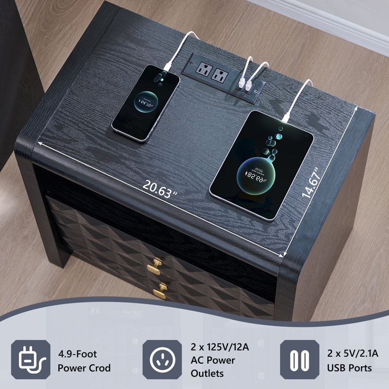  22.6" Tall Modern End Table Set of 2 with Charging Station, Diamond-Textured Wood Side Table with 2 Storage Drawers, 23.6" Wide Side Table with Curved Contour Design