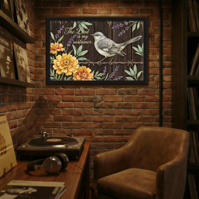 Text & Numbers Bird Perched On Wire With Flowers And Text, 12" H x 18" W