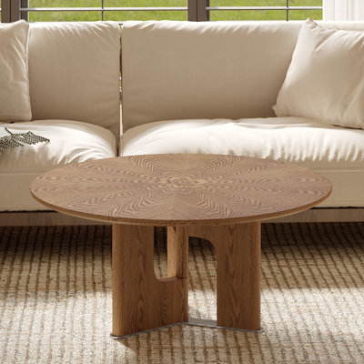 31.5 Inches Round Rustic Ash Wood Veneer Coffee Table for Small Living Room, Space-Efficient and Stylish