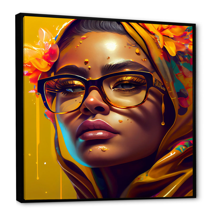 Élégante femme arabe avec hijab floral IV - Impression sur toile, H 30 po x l 30 po x P 1 po, Toile avec cadre flottant noir