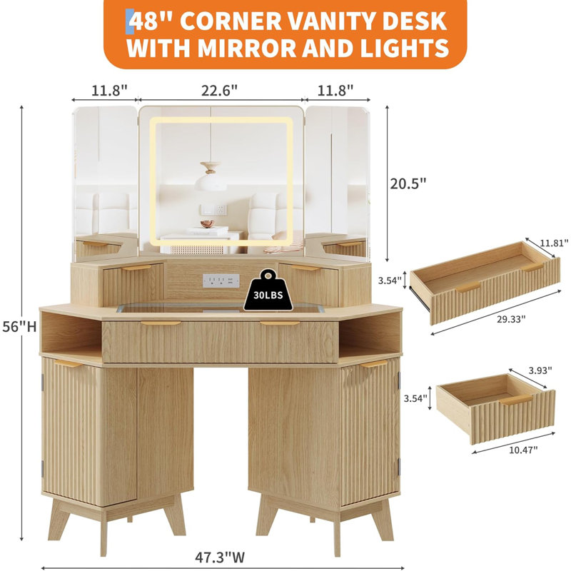 Meuble-lavabo de coin 48 "avec miroir 3 panneaux lumineux et station de charge - Bureau de maquillage avec plateau en verre cannelé et tiroirs