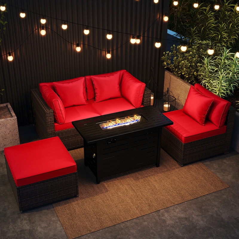 5 PCS Patio Furniture Set Heavy-duty Frame Sofa Set with 60,000 BTU Firepit Table Red, Red