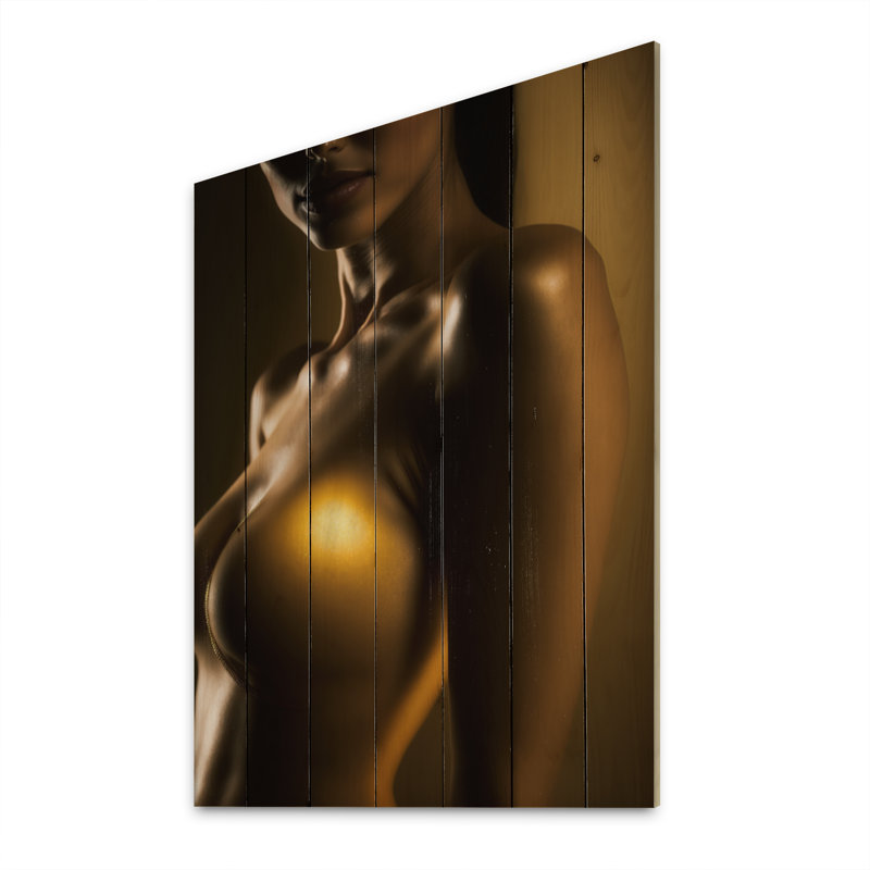 Portrait doré rétro - impression sensuelle de femme sur bois de pin naturel, H 20 po x l 10 po x P 0,78 po