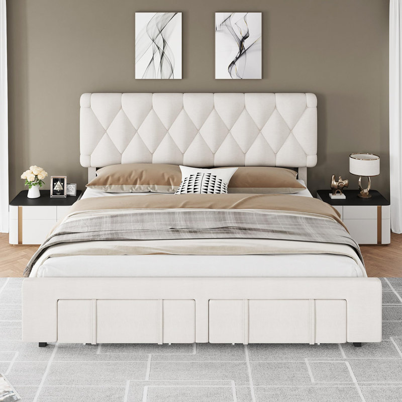 Structure de lit plateforme tapissier avec tiroirs de rangement, sommier avec support en lattes de bois massif, Beige