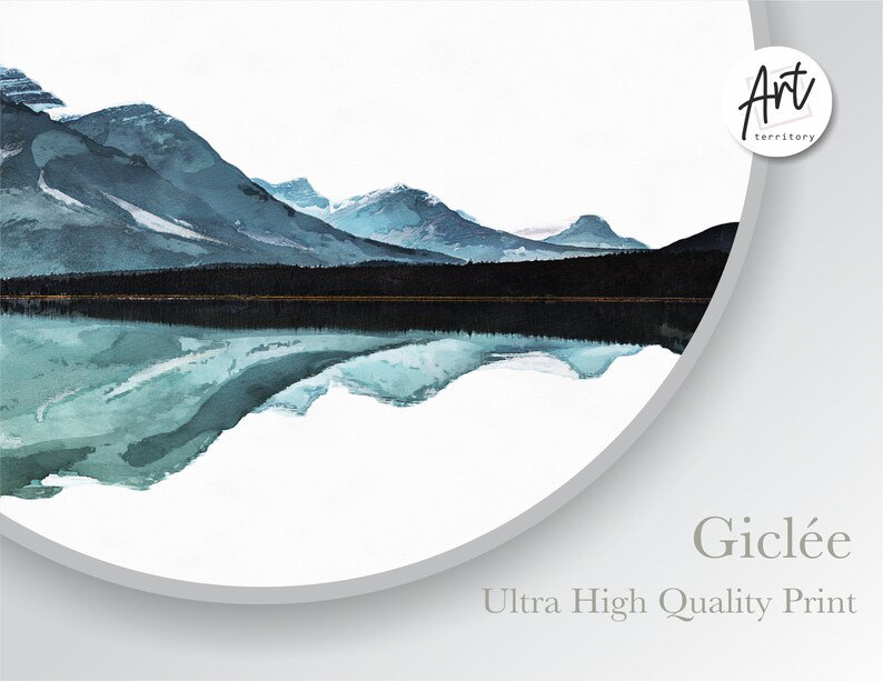 Panoramic Blue Green Mountain Valley, Watercolour Art Print, Misty Rolling Hills, Wrapped Canvas, 16" H x 32" W x 1.5" D
