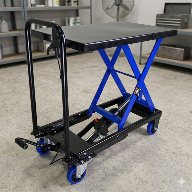 Chariot de levage hydraulique avec une capacité de charge de 500 livres. Équipé de quatre roues pour une manipulation et un transport des matériaux efficaces. Agencement de couleurs: noir et bleu.