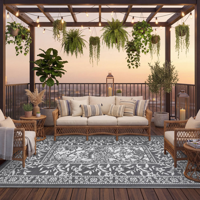 Reversible Floral Outdoor Rug Stain Resistant Waterproof UV Resistant Washable Lightweight Plastic Straw Mat for Patio Backyard Camping Beach