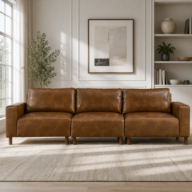Canapé en cuir synthétique 112 po, 3, Brown-3 Seat