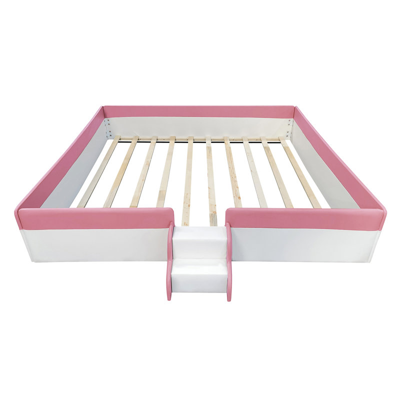 Lit pour enfant rembourré avec escalier, Rose / blanc, Très grand
