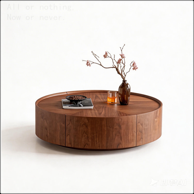 Table basse ronde en noyer avec base en fer,  H 11,81 po x L 35,43 po x l 35,43 po