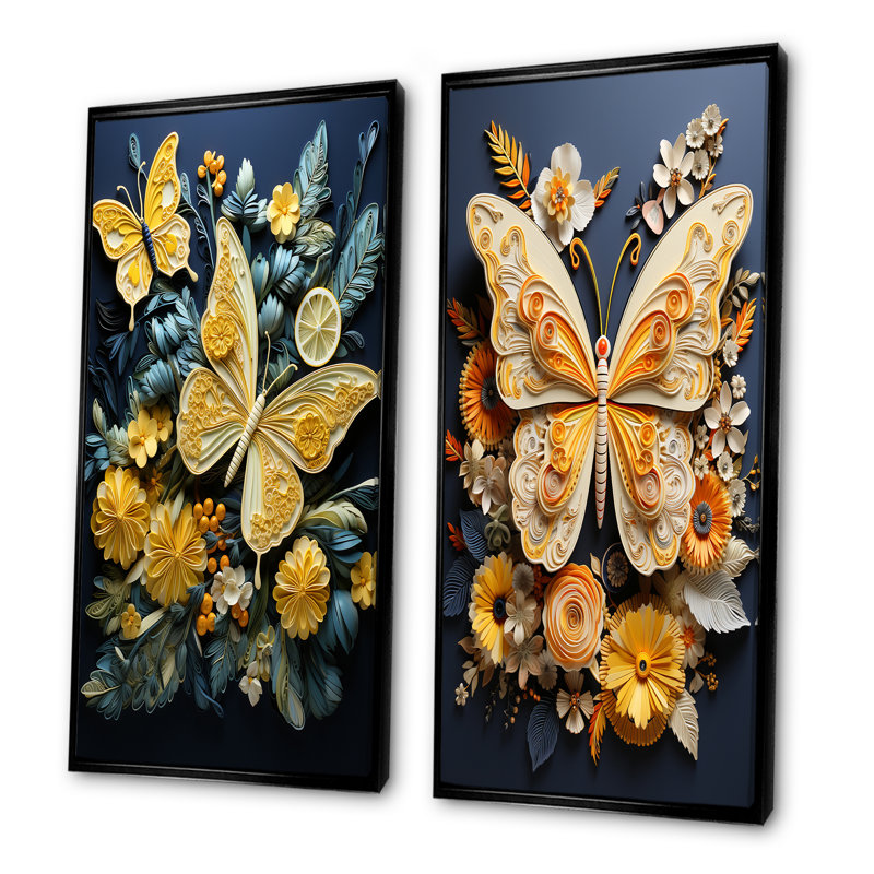 «Lemon Yellow Butterfly Delight», ensemble de 2 reproductions d'art sur toile, Cadre flottant noir, H 28 po x l 25 po
