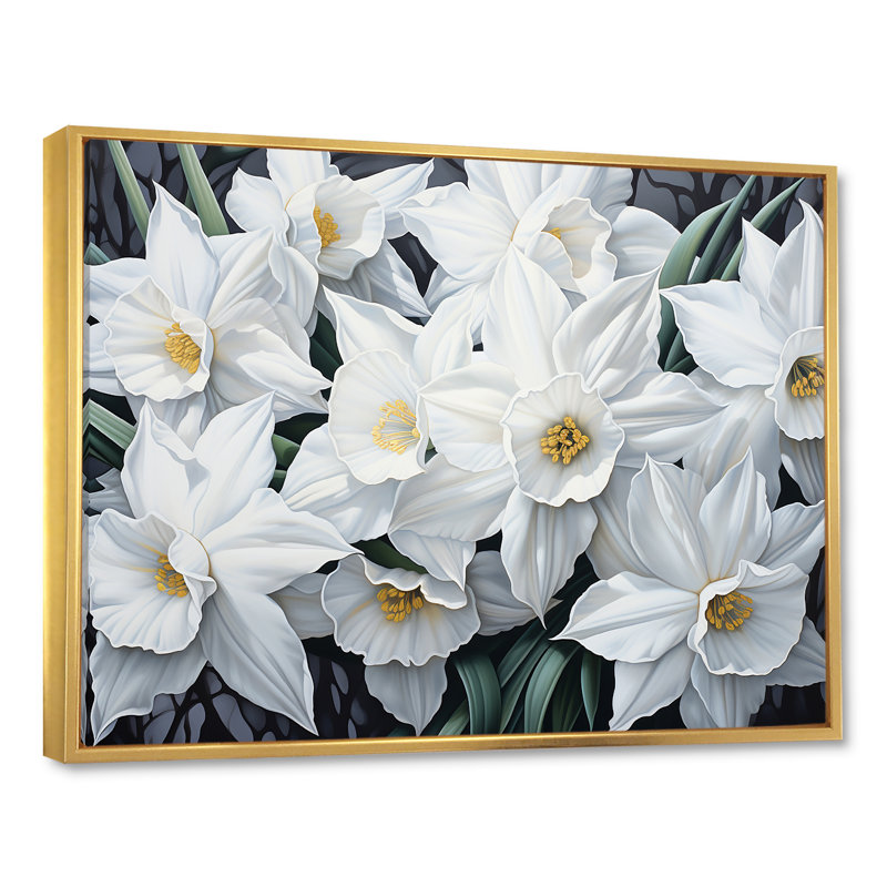Minimalisme, jonquilles blanches I sur toile, H 24 po x l 32 po x P 1 po, Cadre flottant doré