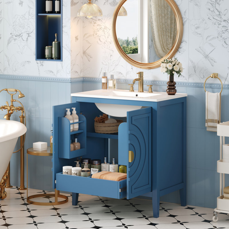 Meuble-lavabo 30 po avec lavabo, armoire de rangement avec 2 portes, tiroir caché et tablette réglable Roomfitter, bleu