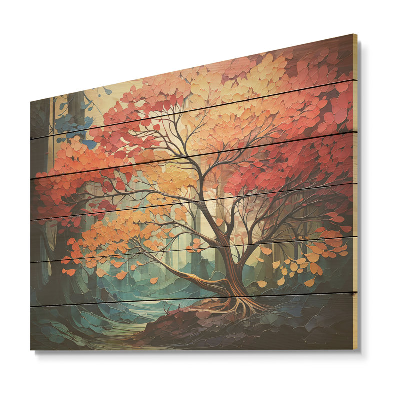 Expressionist Vibrance Of Raimbow Tree I - Tree Redwood Wood Art On Natural Pine Wood, 10" H x 20" W
