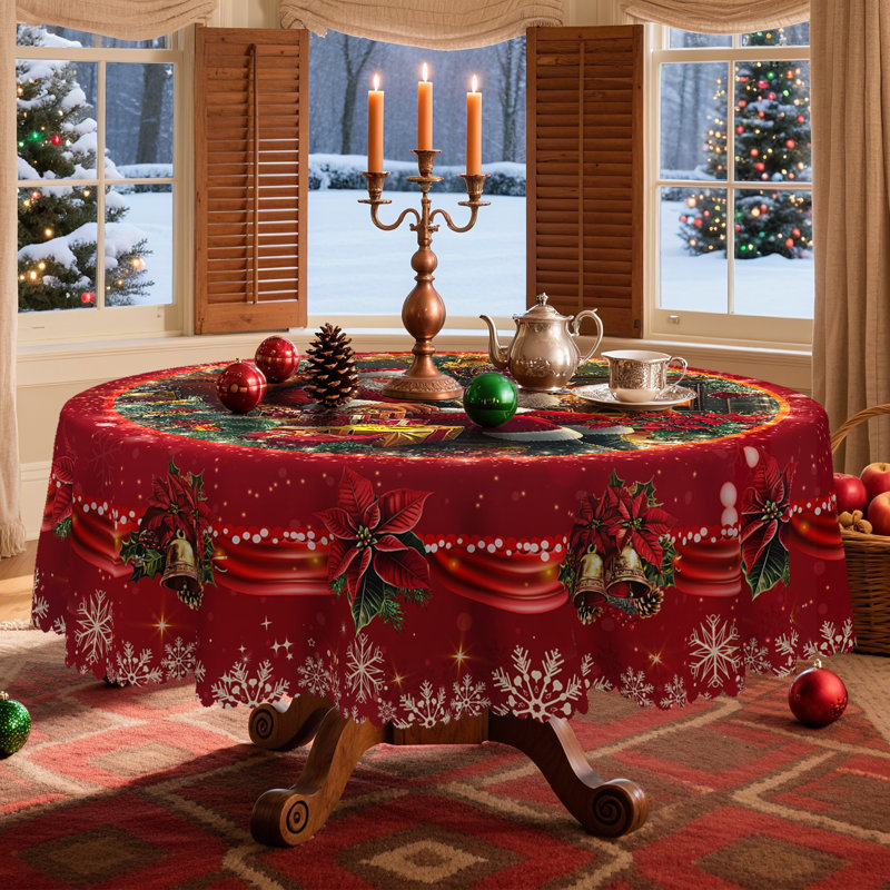 Machine-washable polyester tablecloth with red Santa Claus design