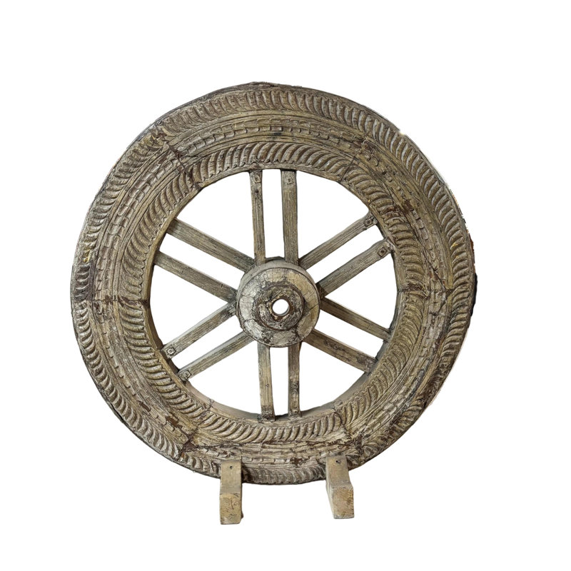 57 ", art mural de roue de chariot en teck indien antique, grande sculpture de jardin rustique