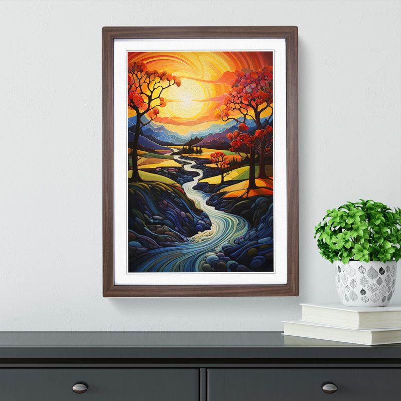 XYZ-FRM-V1223-4062 Landscape Modern - Single Picture Frame Print on Wood, Walnut, 64cm H x 46cm W x 2cm D