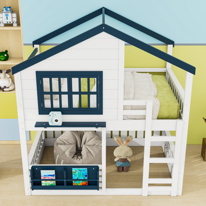Wood Bunk Bed With Bookshelf, Full, White/Blue