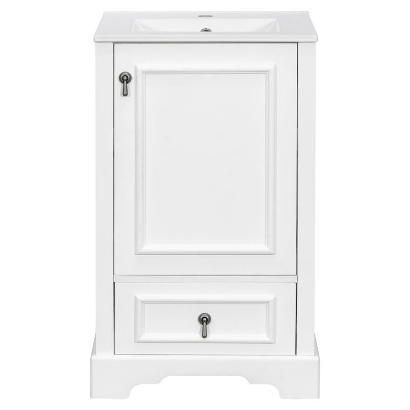 Meuble-lavabo de 20 po avec lavabo en céramique, porte à fermeture en douceur, tablette ajustable en forme de U, tiroir de compartiment et support de porte