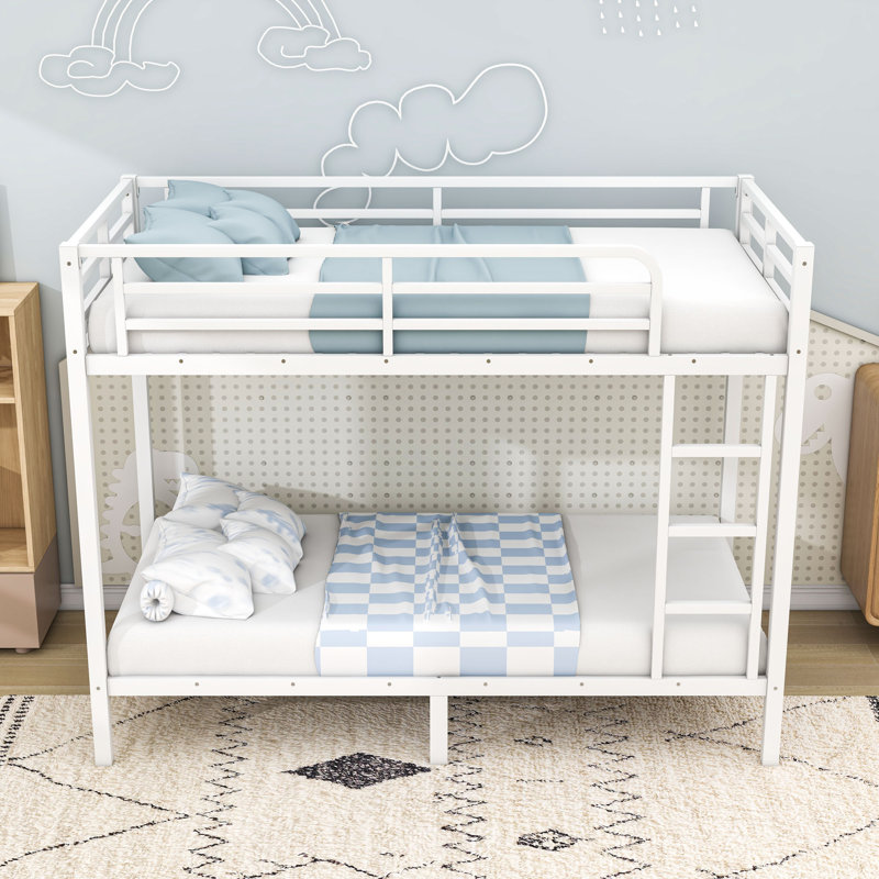 Metal Bunk Bed With Guardrails And Ladder, White, Extra Long Twin