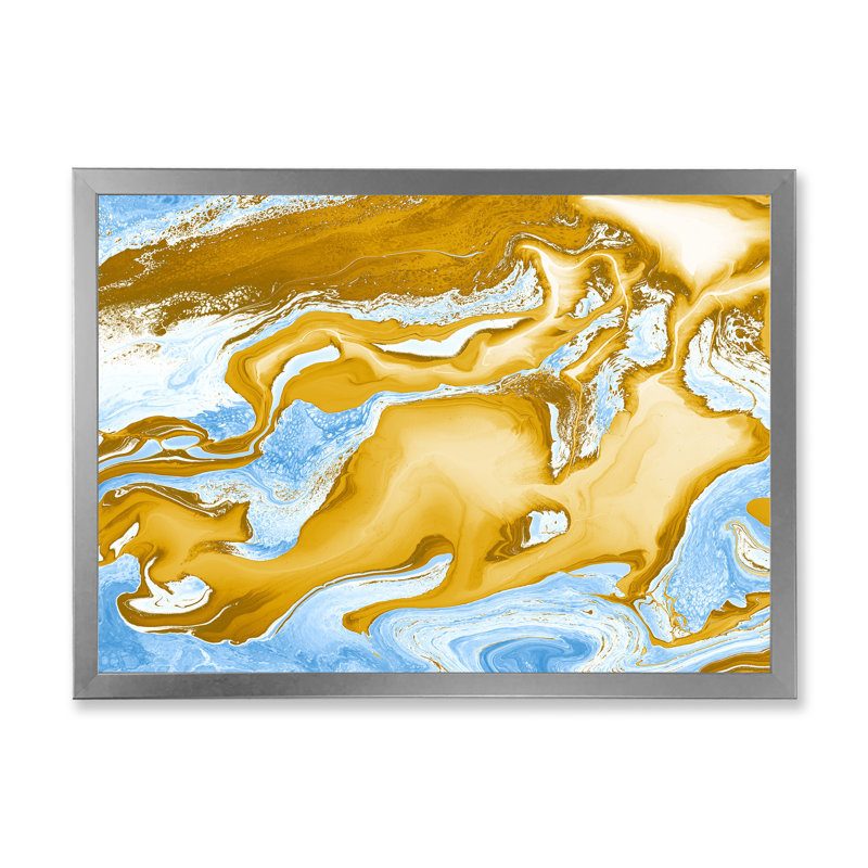 Vagues de marbre bleues et dorées - Peinture sur toile, H 16 po x l 32 po x P 1 po, Cadre photo argenté