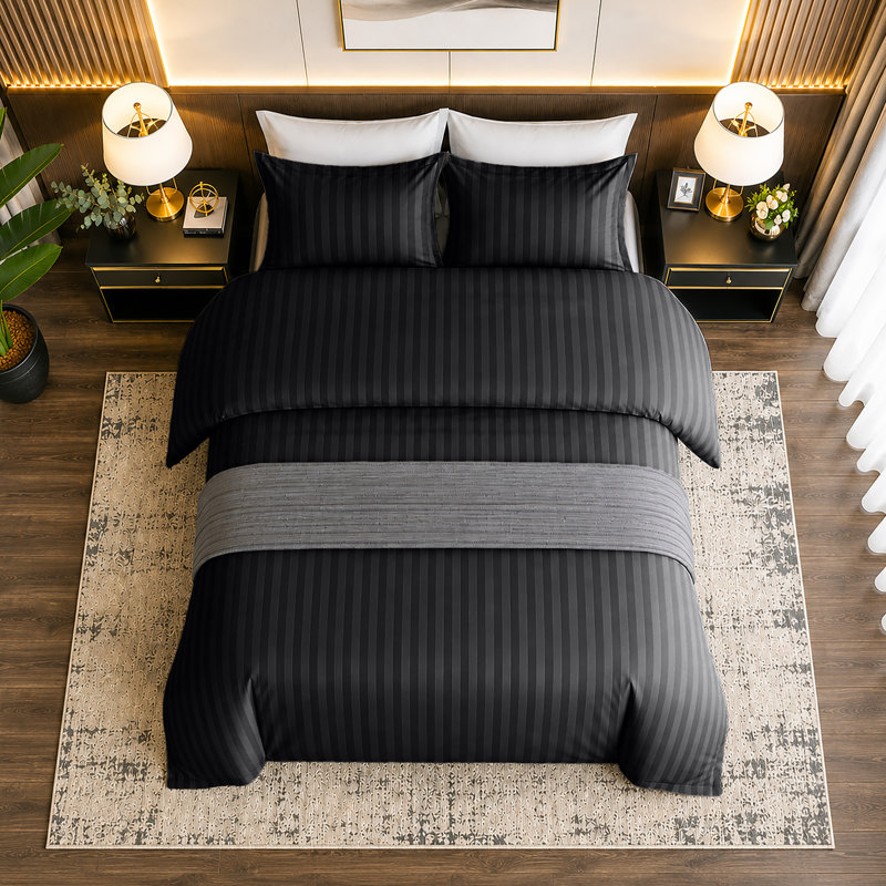 Haffa Microfiber Striped Duvet Cover Set with Pillowcases, Double Duvet Cover + 2 Standard Pillowcases, Black