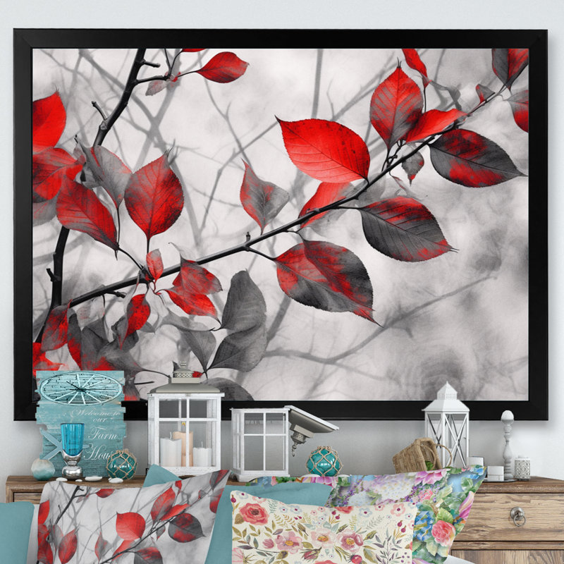 «Red Grey Leaves On Tree IV», reproduction d'art sur toile, H 12 po x l 20 po x P 1 po, Cadre simple noir