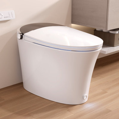 Smart Toilet with Quiet-Closed Heated Seat, Foot Kick/Off-seat/Blackout/Remote Flush, Bidet Elongated Toilet with Tankless, Gentle Night light, Remote Control, Advanced