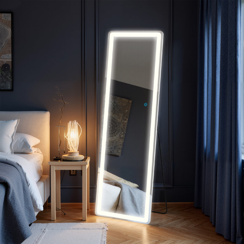 Mirror Full Length Standing Mirror With LED Lights, Lighted Floor Mirror With Stand And Dimming, 60" x 16"