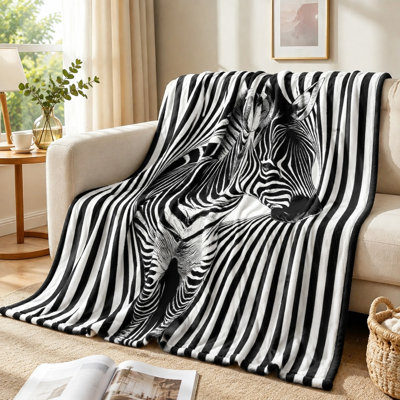 Cozy Zebra Print Fleece Throw Blanket, Abstract Striped Animal Pattern Bed Blanket for Sofa Couch Bedroom Living Room Home Decor