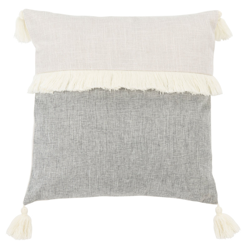 Gray and White Square Tassel Fringe Throw Pillow