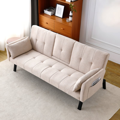 70'' Linen Futon Sofa Bed,Modern Convertible Folding Futon Couch With 2 Cup Holders And Side Storage