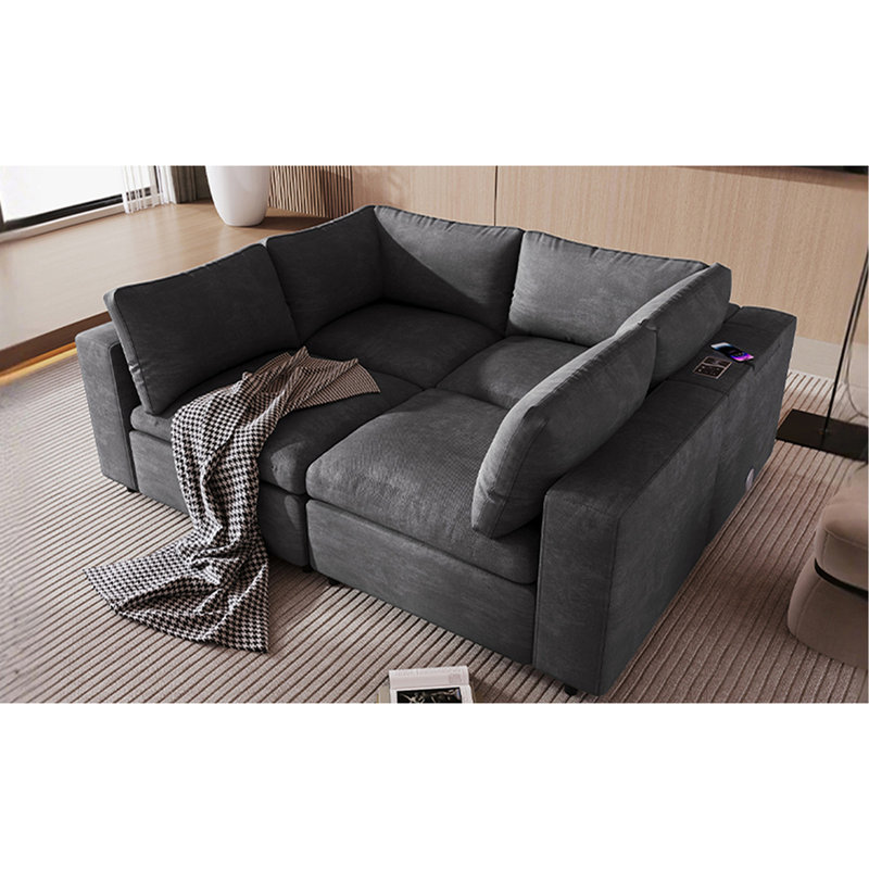 Confortable salon modulaire avec ports et haut-parleur de recharge sans fil dans l'accoudoir pour la maison, Polyester gris