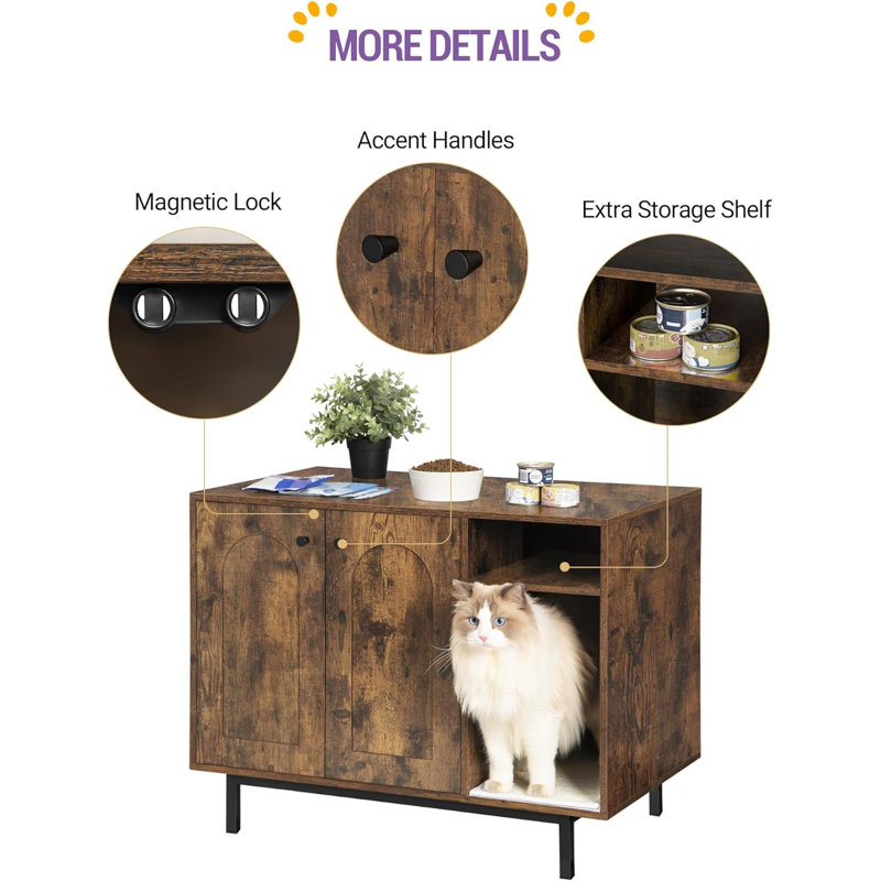 Rustic Brown Wooden Cat Litter Box Enclosure with Metal Frame