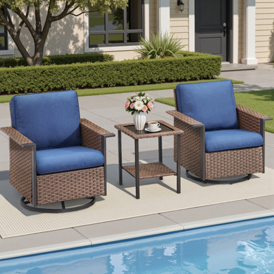 Swivel PE Wicker Rattan Outdoor Rocking Chairs Set With Side Table (2 Chairs And 1 Side Table)