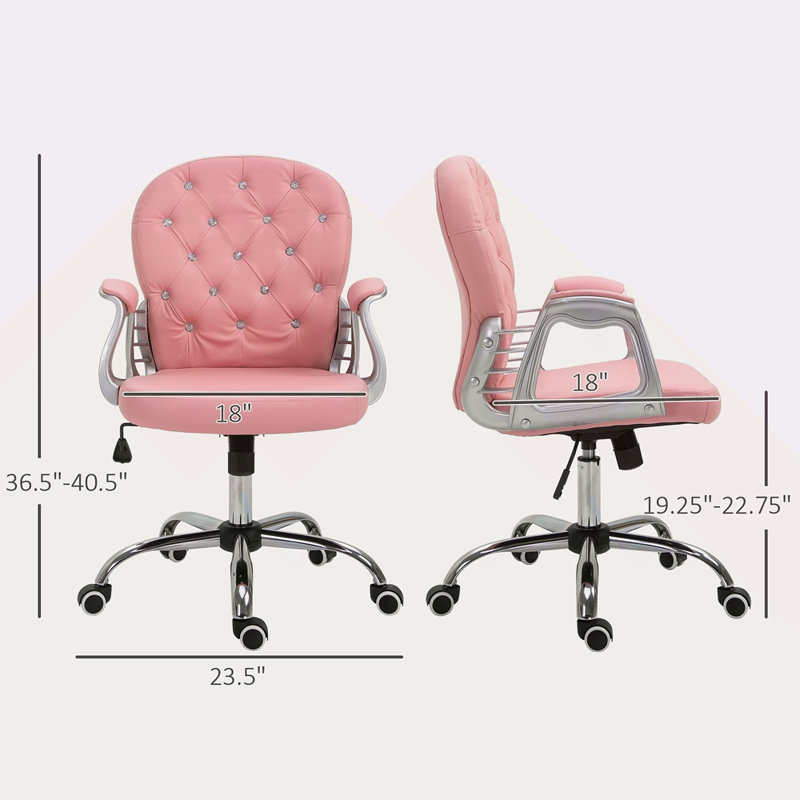 Chaise de bureau en polyuréthane, chaise de bureau capitonnée à boutons avec accoudoirs rembourrés, hauteur réglable et roulettes pivotantes
