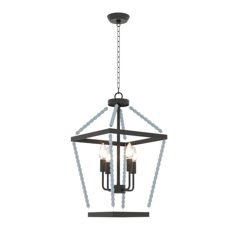 Lustre carré / rectangulaire à 4 lumières à intensité variable avec perles en bois
