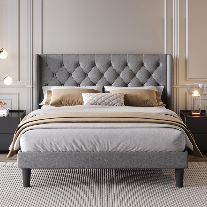 Bertillo Tufted Upholstered Low Profile Platform Bed with Wingbacks, Gray, Queen
